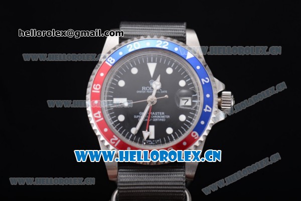 Rolex GMT-Master Asia 2813 Automatic Steel Case with Black Dial Grey Nylon Strap and Blue/Red Bezel - Click Image to Close
